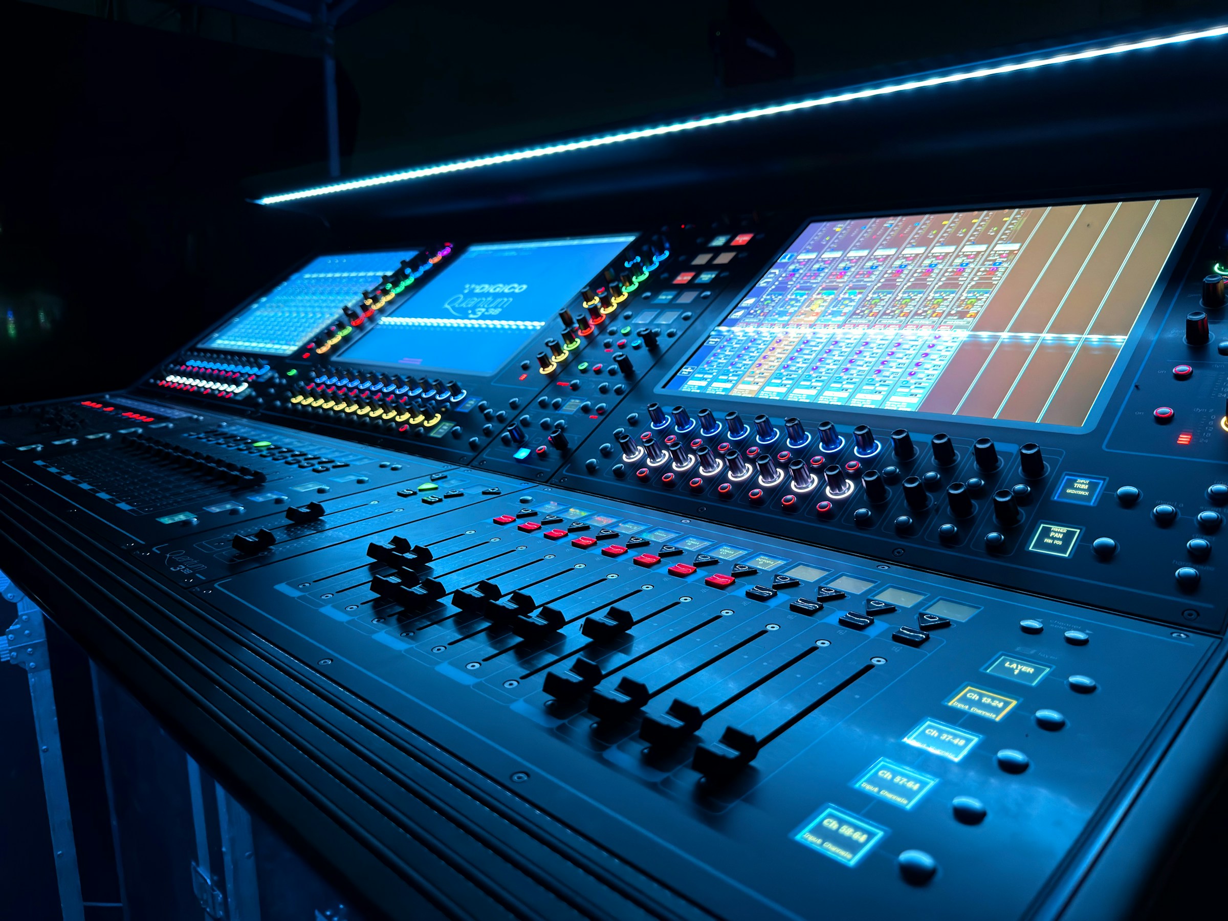 Modern digital audio console illuminated in a dark production environment